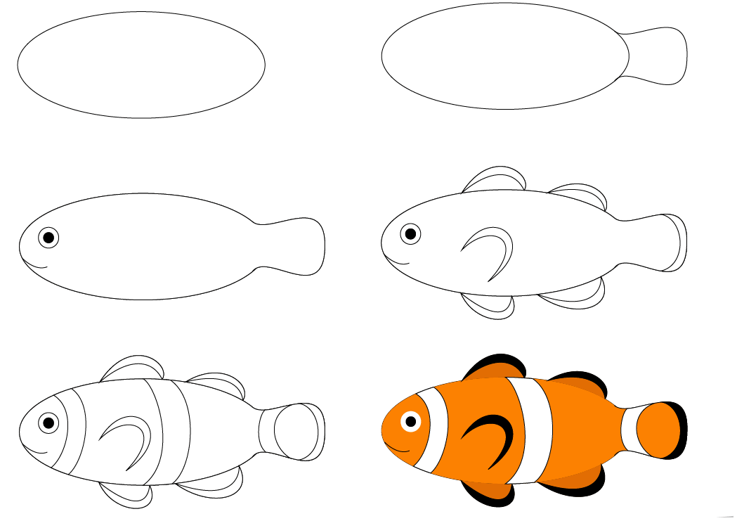 Нарисовать рыбку картинки. Рыба клоун поэтапное рисование. Поэтапное рисование рыбки. Поэтапное рисование рыбки для детей. Рисование рыбы для дошкольников.