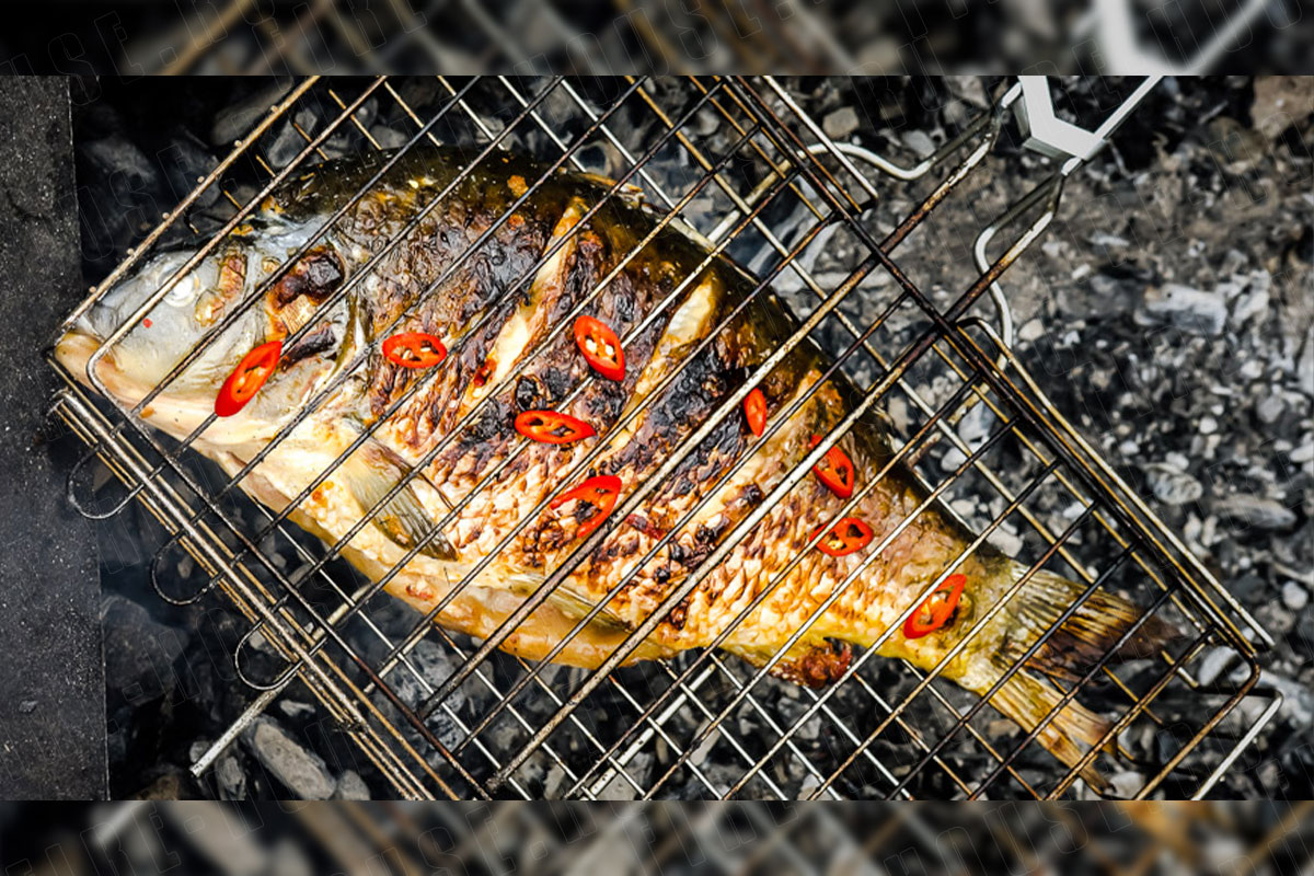 Рыба на костре на решетке